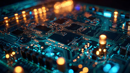 Wall Mural - Digital Brain: Glowing Circuitry - A close-up of a motherboard, its CPU illuminated, symbolizing the power and complexity of modern technology. 