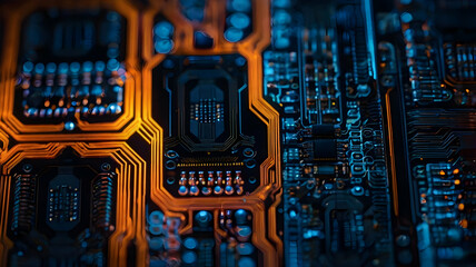 Wall Mural - Circuitry Glowing: A close-up shot of a circuit board bathed in vibrant neon orange and blue light, showcasing the intricate network of pathways and components.  The image evokes a sense of technologi