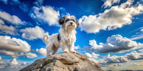 Fluffy White Dog on a Rock Peak Against a Blue Sky with Puffy Clouds, dog, pet, clouds, landscape