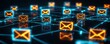 © Working Moments - Digital Network of Glowing Email Icons, 3D Illustration, Abstract Technology, Neon Light, Message, Communication, Email