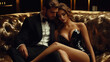 © Julia Zarubina - beautiful man and woman in evening outfits sitting on sofa in luxurious interior, sexy girl in black revealing dress with long slender legs, sexuality, sensuality, escort, passion, love, lovers, rich