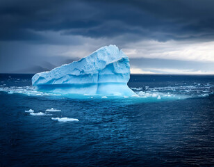 Giant iceberg is floating on blue ocean water with a stormy sky in the background