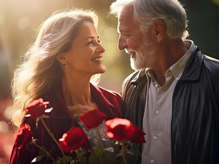 Elderly Couple Holding Red Roses, Looking at Each Other with Affection