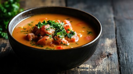 Canvas Print - Delicious Homemade Tomato Soup with Shrimp and Parsley