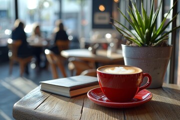 A Red Cup of Coffee on a Wooden Table with a Book Blurred Cafe Background