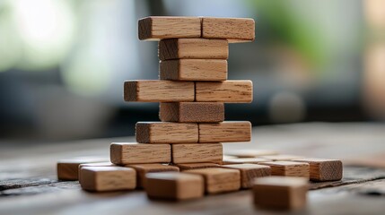 Wall Mural - Wooden Blocks Stacked High, Close Up, Focus on the Top, Natural Light, Wooden Texture, Abstract, Minimalist