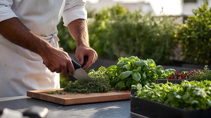 A chef chopping fresh herbs on a cutting board, with a rooftop garden in the background