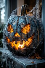 Wall Mural - Spooky jack o lantern on porch with cobwebs. Happy Halloween. Jack-o-lantern.