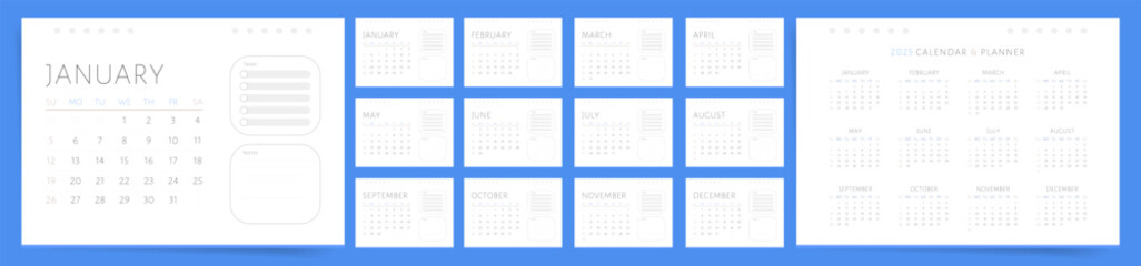 Wall Mural - Calendar 2025. Simple Monthly Planner Template with Task and Note Sections.