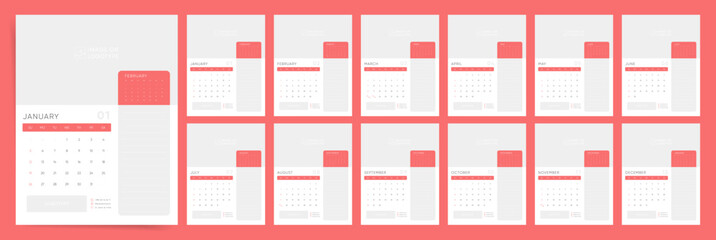 Wall Mural - Calendar 2025, Calendar 2025 Sunday Start Free Space for Branding, Business Red Design Template.