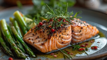 Wall Mural - Baked salmon with asparagus and herbs, liberally sprinkled with spices.