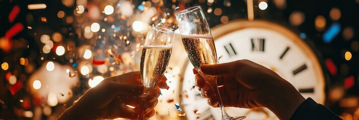 A festive New Year’s Eve celebration featuring a closeup of two champagne glasses being toasted together, surrounded by glittering confetti and a clock nearing midnight