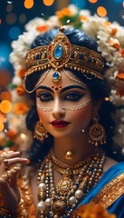 A beautifully crafted idol of Lord Krishna adorned with vibrant jewelry and flowers, set against a backdrop of softly glowing candles and decorative elements, creating a serene and festive atmosphere.