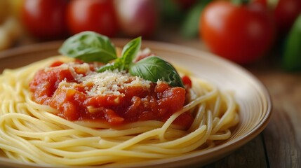 Wall Mural - A close-up of a plate of pasta with a homemade tomato sauce made from garden-fresh tomatoes