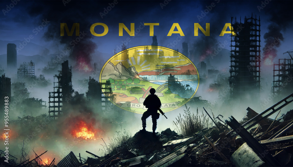 A lone soldier surveys a city in ruins, with the Montana flag faintly ...