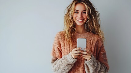 Smiling Woman Typing on Blank Mobile Phone Screen on White Background for Design Mockup