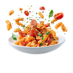 Dynamic culinary scene featuring a white plate of macaroni pasta, vibrant peppers, and ripe tomatoes, all suspended in mid-air against a clean white background.