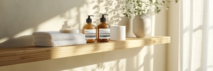 A low-angle view highlights a bamboo shelf in a bathroom, featuring organic skincare products alongside soft towels and a decorative vase, creating a peaceful atmosphere