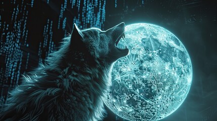 Wall Mural - Wolf Howling at the Digital Moon