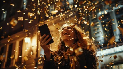 ecstatic woman with smartphone amidst swirling golden confetti celebratory urban nightscape background success theme