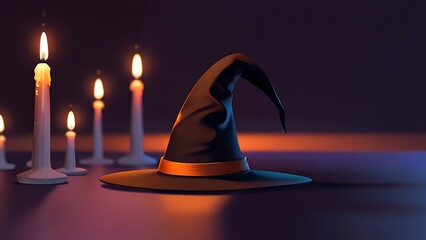 Wall Mural - Witch hat candles with lit flames on a dark background, perfect for Halloween or spookythemed designs, witchcraft concepts.