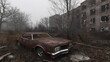 © ProPhotos - Abandoned vehicle amidst city ruins, highlighting transportation's decline and auto decay against urban backdrop.