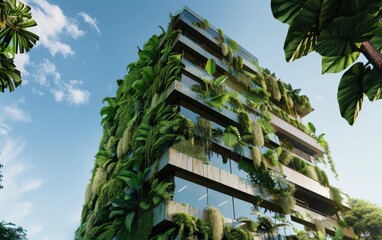 Wall Mural - Modern building facade adorned with a lush vertical garden of ferns and cycads under a clear sky