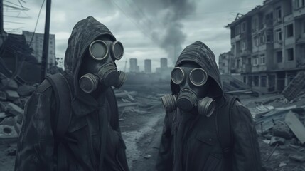 Portrait of a couple wearing gas masks in the ruins of a city, protecting against an epidemic.