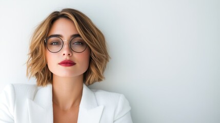 A sophisticated woman with short blond hair and stylish black glasses, posed against a white background, radiating confidence and modern elegance in a minimalistic setting.