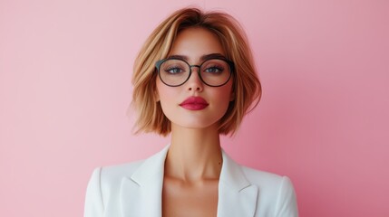 A stylish woman with short blond hair and wearing black glasses, posed confidently against a pink background, exuding modern sophistication and fashion-forward trends.