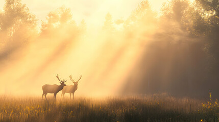 Sticker - Silhouetted deer standing in a misty meadow at sunrise, with golden light streaming through trees.