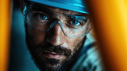 A portrait of a focused construction worker wearing safety glasses and a blue helmet, emphasizing the importance of safety and attention to detail in construction work environments.