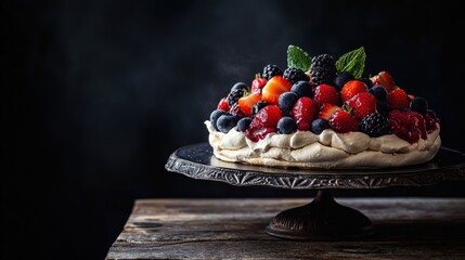 Sticker - Delicious Pavlova Cake with Berries and Whipped Cream