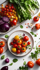 Wall Mural - A vibrant assortment of fresh vegetables including carrots, tomatoes, bell peppers, leafy greens, and herbs arranged artistically on a white background.