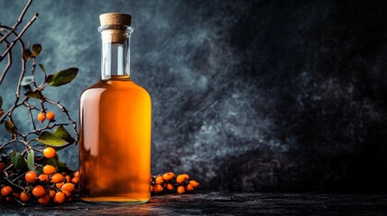 A bottle of sea buckthorn liqueur, with the rich orange liquid glowing against a dark, moody background