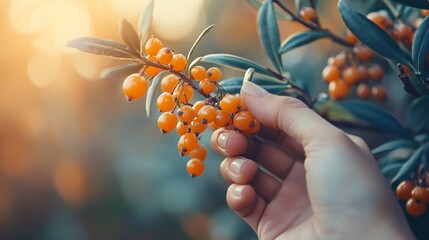 A close up of a hand picking sea buckthorn berries from a branch, with the vibrant orange and green colors popping against a soft background