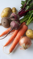 Wall Mural - A vibrant assortment of fresh vegetables including carrots, tomatoes, bell peppers, leafy greens, and herbs arranged artistically on a white background.