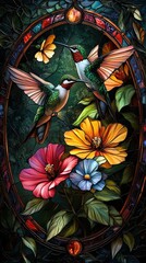 Poster - Stained glass: A flock of hummingbirds hovering around a bush of colorful flowers bright garden background.