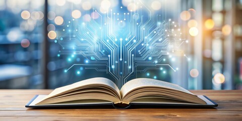 open book with circuitry, knowledge, innovation, digital literacy, education