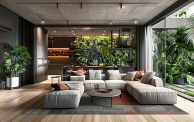 Wall Mural - A contemporary living space blending modern design with ancient plants for a serene atmosphere