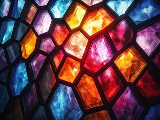 Wall Mural - Stained glass: A fragmented prism effect with beams of light splitting into multiple colors, optical theme, realistic rendering, dark background.