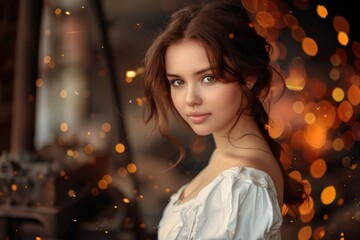 Poster - Beautiful young woman with brown hair and green eyes poses for a portrait. There are orange sparks in the background, creating a magical atmosphere in the forge.