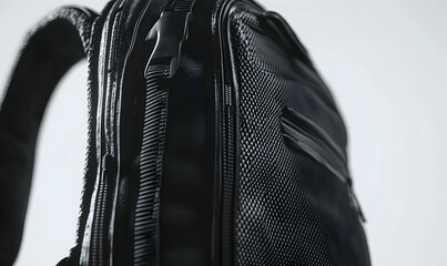 Close-up of a black backpack with a mesh panel.