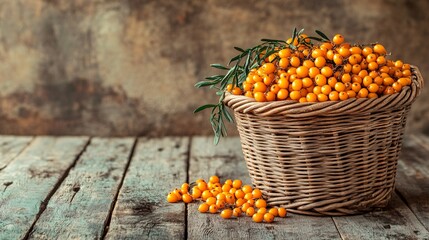 Wall Mural - A rustic basket overflowing with sea buckthorn berries, placed on a weathered wooden table