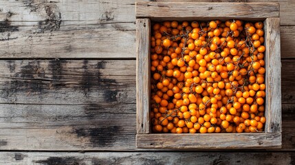 Poster - A rustic wooden crate filled with freshly harvested sea buckthorn berries, placed on a weathered wooden table