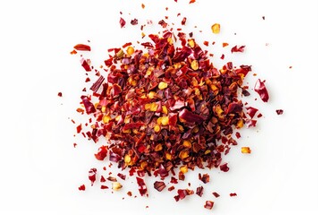 Close-up of vibrant red chili flakes in isolated on white background