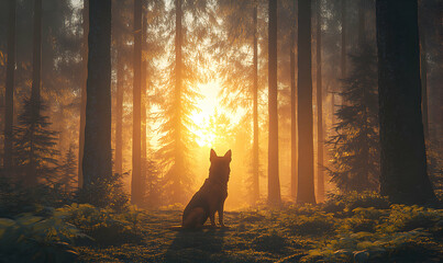 Wall Mural - A silhouette of a dog sitting in a forest with the sun shining through the trees.