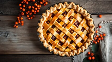 Wall Mural - A sea buckthorn berry pie, with a lattice crust and a golden-brown finish, placed on a wooden table with fresh berries on the side