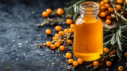 Wall Mural - A sea buckthorn syrup bottle, with a golden-orange liquid inside, placed on a dark background with fresh berries