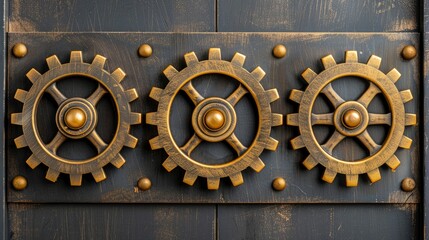 Three Gold Gears on a Rustic Wooden Background